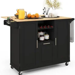 COSTWAY Köksö>Köksvagn på hjul - Vikbara träbänkskivor, djup låda, vinställ - Köksö -