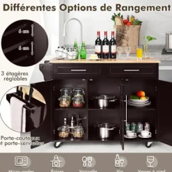 COSTWAY Köksö>köksvagn på hjul, köksö med knivhållare, handduksställ, 3 dörrar och 2 lådor, kaffe