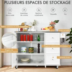 COSTWAY Köksö>Köksvagn på hjul med bricka i rostfritt stål. Kitchen Island Trolley med 3 lådor, 2 dörrar och kryddställ