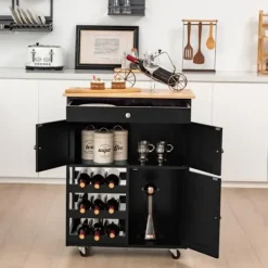 COSTWAY Köksö>Köksvagn på hjul med gummiträskiva Köksservingsvagn med låda och flaskhållare Svart.