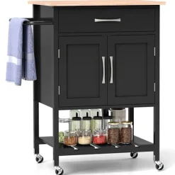 COSTWAY Köksö>köksvagn på hjul med låda och 2 dörrar, gummiträskiva, nedre bricka, handduksställ,