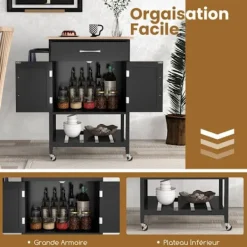 COSTWAY Köksö>köksvagn på hjul med låda och 2 dörrar, gummiträskiva, nedre bricka, handduksställ,