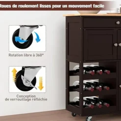 COSTWAY Köksö>Kökvagn med hjul och skiva av gummiträ, låda, flaskställ med 3 nivåer och 2 skåp, brun