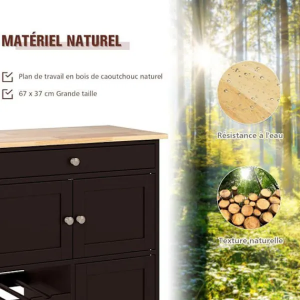 COSTWAY Köksö>Kökvagn med hjul och skiva av gummiträ, låda, flaskställ med 3 nivåer och 2 skåp, brun