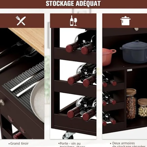 COSTWAY Köksö>Kökvagn med hjul och skiva av gummiträ, låda, flaskställ med 3 nivåer och 2 skåp, brun
