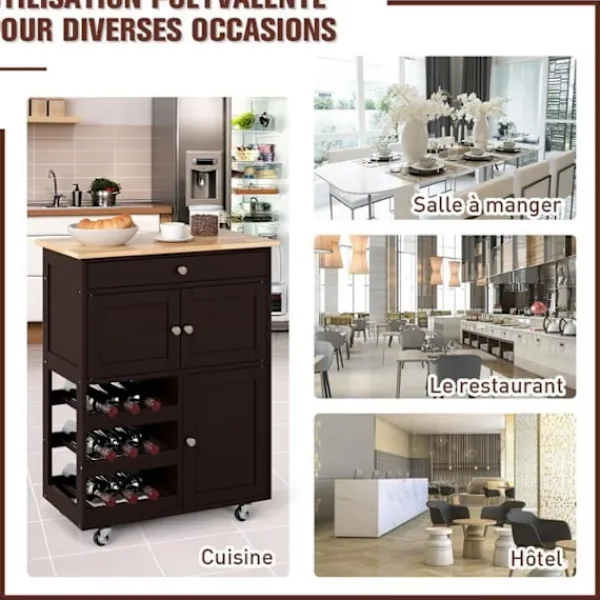 COSTWAY Köksö>Kökvagn med hjul och skiva av gummiträ, låda, flaskställ med 3 nivåer och 2 skåp, brun