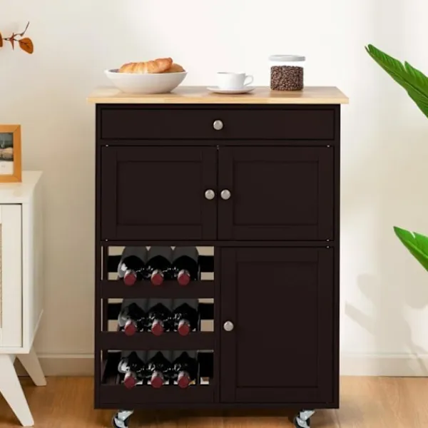 COSTWAY Köksö>Kökvagn med hjul och skiva av gummiträ, låda, flaskställ med 3 nivåer och 2 skåp, brun