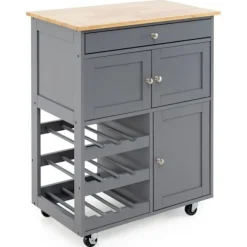 COSTWAY Köksö>Kökvagn på hjul med gummiträskiva, låda, vinflaskställ med 3 nivåer och 2 skåp,