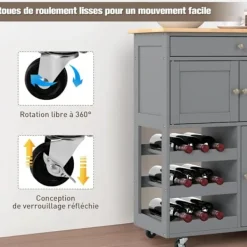 COSTWAY Köksö>Kökvagn på hjul med gummiträskiva, låda, vinflaskställ med 3 nivåer och 2 skåp,
