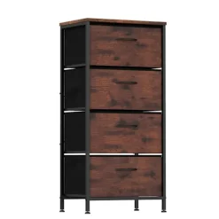 COSTWAY Byråer>Kommod 4 Lådor i Tyg, Träytan, Handtag och Metallram, för Vardagsrum, Kontor, Garderob, Rustik Brun+Svart