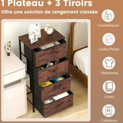 COSTWAY Byråer>Kommod 4 Lådor i Tyg, Träytan, Handtag och Metallram, för Vardagsrum, Kontor, Garderob, Rustik Brun+Svart