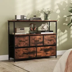 COSTWAY Byråer>Kommod med 5 Lådor, Tyg med 2 Öppna Hyllor och Metallram för Sovrum, Vardagsrum, Korridorer, Entréer, Brun