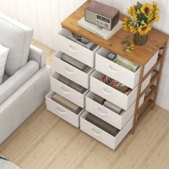 COSTWAY Byråer>Kommod med 8 Lådor i Tyg med Bamboostruktur, Avtagbara Tyglådor, för Skåp, Vardagsrum, Entré 80 x 40 x 94 cm