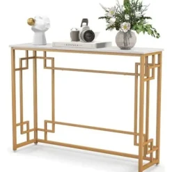 COSTWAY Soffbord>Konsol Ingångsmöbler, Marmoreffekt - 110 x 30 x 81 CM - Konsolbord i kinesisk stil i guldmetallram för hall, vardagsrum