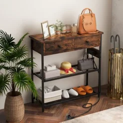 COSTWAY Sideboards>konsolbord - 2 USB-portar (5V-2A) och 2 3-hålsuttag - industriell stil, 2 lådor, 2 hyllor Brun