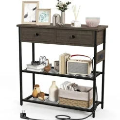 COSTWAY Sideboards>konsolbord - 2 USB-portar (5V-2A) och 2 3-hålsuttag - Industriell stil - 2 lådor - 2 hyllor -