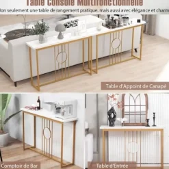 COSTWAY Småbord>Konsolbord, Entrémöbel med marmoreffekt 120 x 30 x 80,5 CM (L x B x H) - Guldmetallram, skandinavisk stil