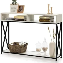 COSTWAY Sideboards>Konsolbord i industriell stil 120 x 23 x 79 CM Stålstativ Anti-tip Entréskåp Vit