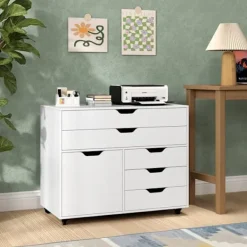 COSTWAY Byråer>Kontorsenhet med hjul 5 lådor, ställbar hylla, A4, Letter, 5 hjul med 2 bromsar, 77,5 x 40 x 64 cm,