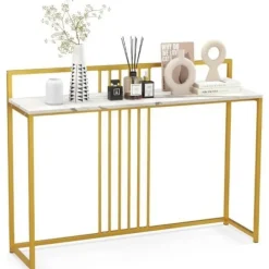 COSTWAY Småbord>Marble Print Console Bord - 120 x 32,5 x 88 CM - Guld Metallram Modern skandinavisk stil hallmöbler