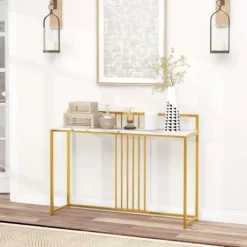 COSTWAY Småbord>Marble Print Console Bord - 120 x 32,5 x 88 CM - Guld Metallram Modern skandinavisk stil hallmöbler