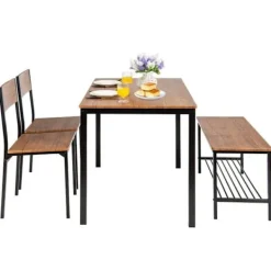COSTWAY Matgrupper>matbord och 2 stolar 1 bänkset - 4 personer, industriell, metallkonstruktion för restaurang, kök, brun