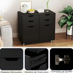 COSTWAY Kontorsmöbler>Mobil dokumentmöbel med 4 lådor och 2 dörrar, 5 universella hjul, för hemmakontor, sovrum, svart