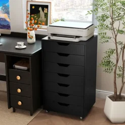 COSTWAY Byråer>Mobil Förvaringslåda med 7 Lådor och 4 Universella Hjul, 2 Låsbara, för Kontor, Studie, Vardagsrum, Sovrum, Svart