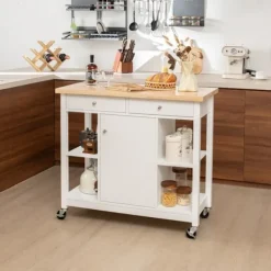 COSTWAY Köksö>Mobil köksvagn, gummiträskiva, köksö, 4 öppna hyllor, 2 lådor, serveringsvagn