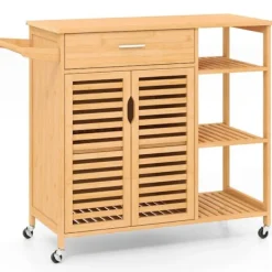 COSTWAY Köksö>Mobil Kököverskridande 90 cm i Bambu, Låsbara Hjul, Låda, Öppna Hyllor och Skåp med 2 Dörrar, Natur