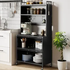 COSTWAY Sideboards>5-nivåers köksbuffé med ljus, dubbeldörrar, perforerad panel, krokar, 4 hjul eller justerbara fötter,