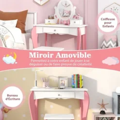 COSTWAY Sminkbord>Princess Style Sminkbord för barn med pall med avtagbar 360° vridbar spegel och 3 lådor Vita