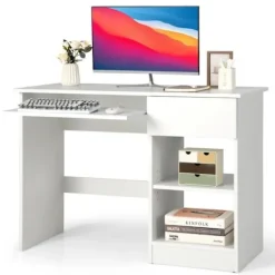 COSTWAY Kontorsmöbler>rakt skrivbord 108 x 48 x 75 CM (L x B x H) - skjutbart tangentbordsfack, 1 stor låda, 1 justerbar och avtagbar hylla Vit