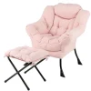 COSTWAY Fåtöljer>Relax Fåtölj-Fallbart Fotstöd-Huvudkudde-Mjuk sits-Armstöd-Förvaringsficka-Metallram-Belastning 150 kg-Rosa