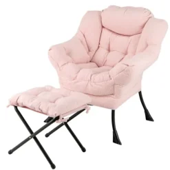 COSTWAY Fåtöljer>Relax Fåtölj-Fallbart Fotstöd-Huvudkudde-Mjuk sits-Armstöd-Förvaringsficka-Metallram-Belastning 150 kg-Rosa