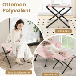 COSTWAY Fåtöljer>Relax Fåtölj-Fallbart Fotstöd-Huvudkudde-Mjuk sits-Armstöd-Förvaringsficka-Metallram-Belastning 150 kg-Rosa