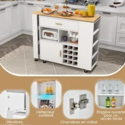 COSTWAY Köksö>Rolling Kitchen Island Dessert med låda justerbar hylla Barbord med 12 flaskor vinställ Kryddställ