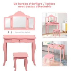 COSTWAY Sminkbord>sminkbord för barn med pall, sminkbord med trepanelsspegel och låda, 70 x 34 x 103 CM