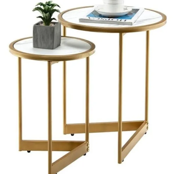 COSTWAY Småbord>Round Nesting Soffbord - Guld Stålstruktur - Skandinavisk Stil