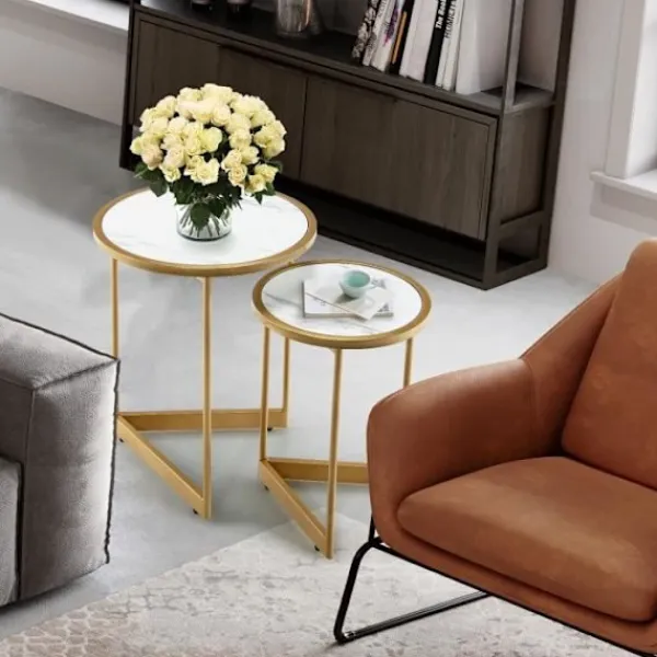 COSTWAY Småbord>Round Nesting Soffbord - Guld Stålstruktur - Skandinavisk Stil