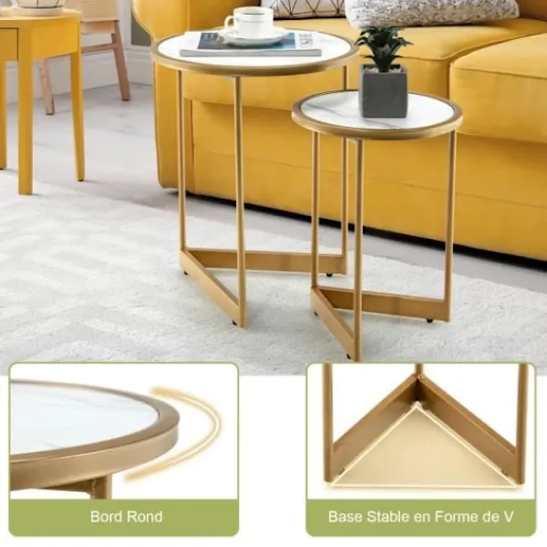 COSTWAY Småbord>Round Nesting Soffbord - Guld Stålstruktur - Skandinavisk Stil