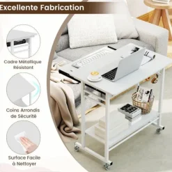 COSTWAY Kontorsmöbler>Rullande Datorbord 80x50x78cm, med Utdragbart Tangentbord, 3 Krok, Förvaringshylla, Vit