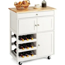 COSTWAY Sideboards>Rullande köksvagn med toppservering av gummiträ Köksvagn med låda och flaskhållare