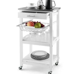 COSTWAY Sideboards>Rullande köksvagn med låda och trådkorg, serveringsvagn med rostfri stålbricka