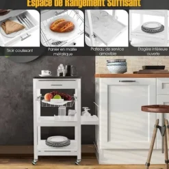 COSTWAY Sideboards>Rullande köksvagn med låda och trådkorg, serveringsvagn med rostfri stålbricka