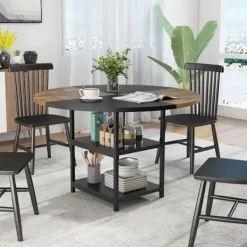 COSTWAY Matgrupper>Rund Matbord i Trä 119 cm för 4-6 Personer - Tvåfärgad Design med Block, 2 Hyllor & Metallben