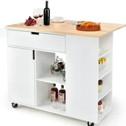 COSTWAY Köksö>Serveringsvagn/vagnvagn med gummiträbänk hopfällbar Center Island Kök med kryddställ Vit
