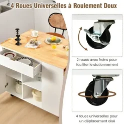 COSTWAY Köksö>Serveringsvagn/vagnvagn med gummiträbänk hopfällbar Center Island Kök med kryddställ Vit