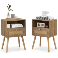 COSTWAY Sängar>Set med 2 nattduksbord i rotting med låda och öppen hylla, 4 ben i massivt trä, 40 x 30 x 60,5 cm