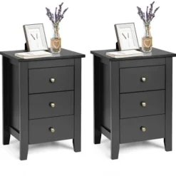 COSTWAY Sängar>Set med 2 nattduksbord, modernt sängbord med 3 lådor, för sovrum, 46 x 37 x 65 CM